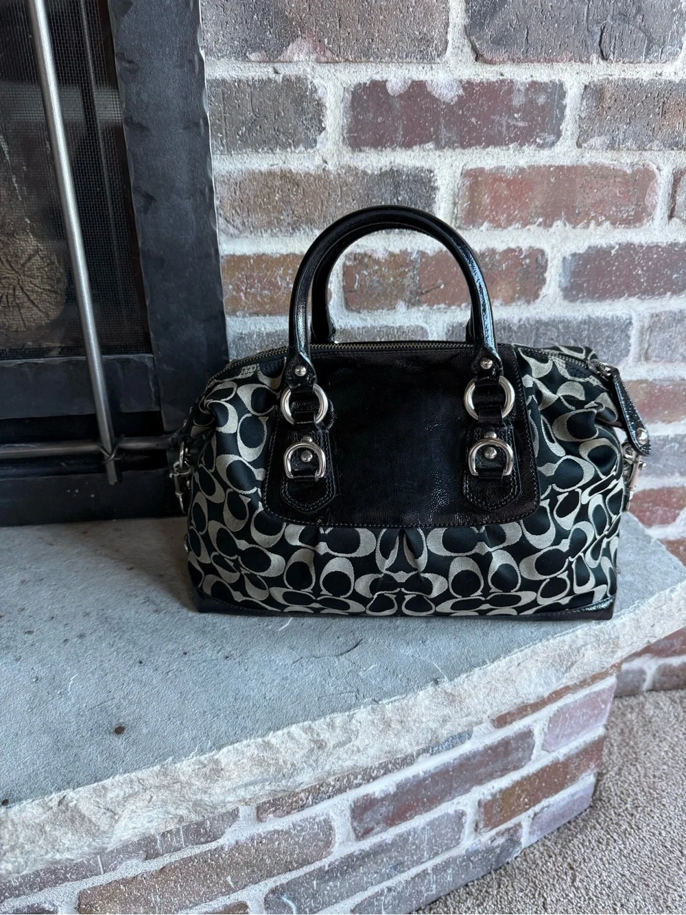 Authentic Coach Black and Cream Signature Satchel with Leather Trim